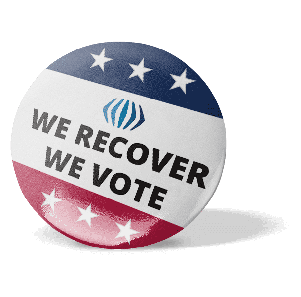 We Recover - We Vote Round button/pin with F&V logo