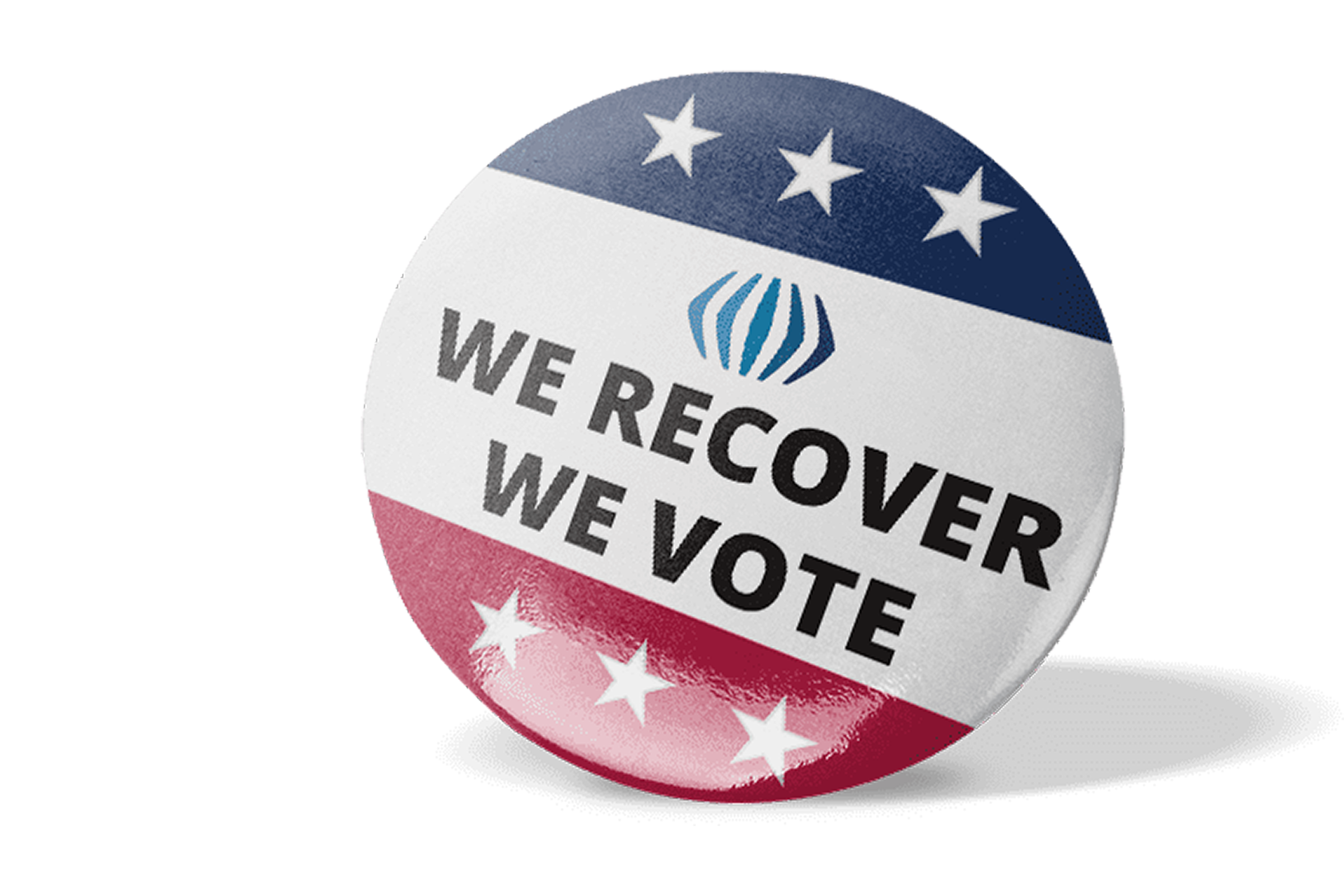 We Recover - We Vote Round button/pin with F&V logo